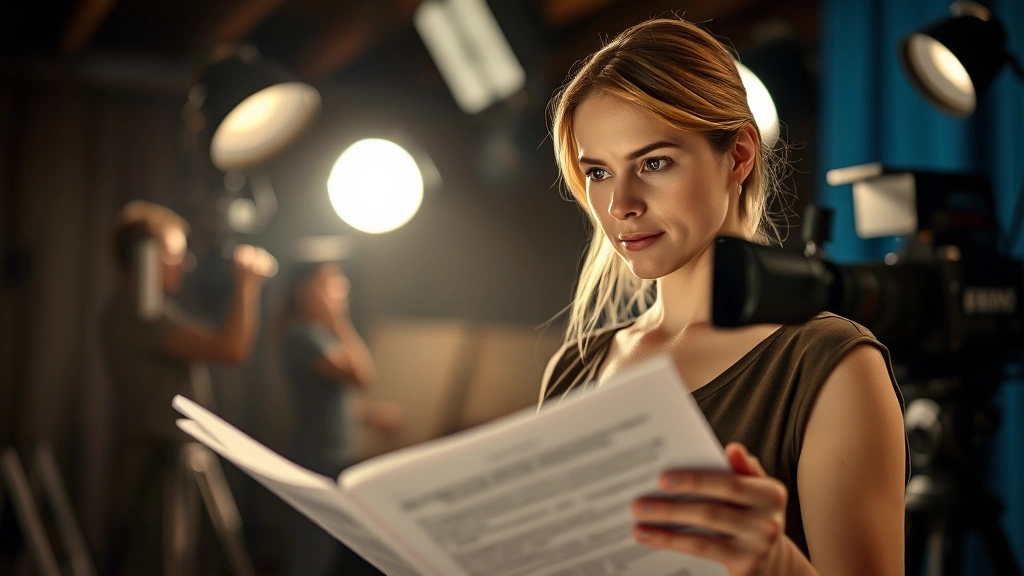 Female actor in professional film studio setting with dramatic lighting, serious expression, reviewing script pages, cinematic atmosphere, film equipment visible in soft focus background