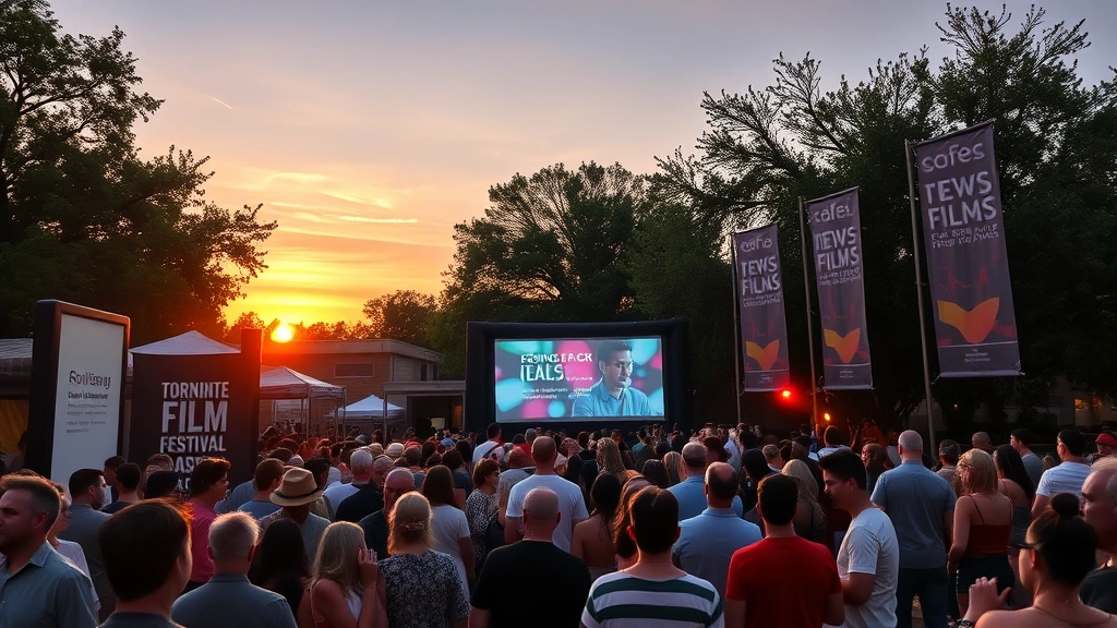 Film festival crowd gathered outdoors under evening lights, diverse audience members standing near projection screens and artsy banners, warm Texas sunset in background, cinematic atmosphere