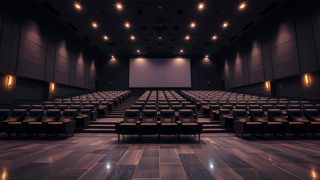 Modern movie theater interior with comfortable seating, soft ambient lighting reflecting off polished floors, empty screens suggesting premium theatrical experience, contemporary design elements