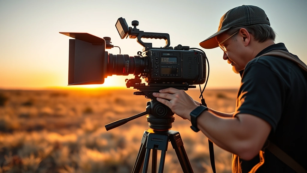 Independent filmmaker adjusting professional camera on tripod in open Texas landscape, golden hour lighting across plains, authentic production setup showing technical sophistication