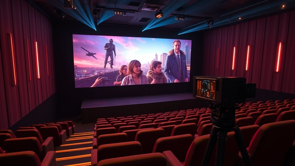 Digital cinema projection system in modern theater showing vibrant film frame on screen, professional lighting setup, cinematic atmosphere