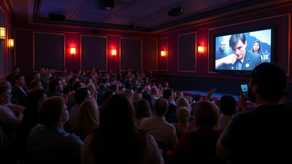 Film enthusiasts in arthouse theater watching movie, ambient lighting, diverse audience engaged with screen, intimate venue setting