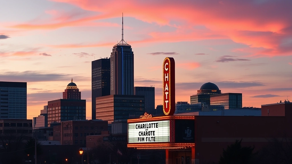 Charlotte skyline at dusk with illuminated marquee theater signs, urban film culture, downtown entertainment district, evening cityscape