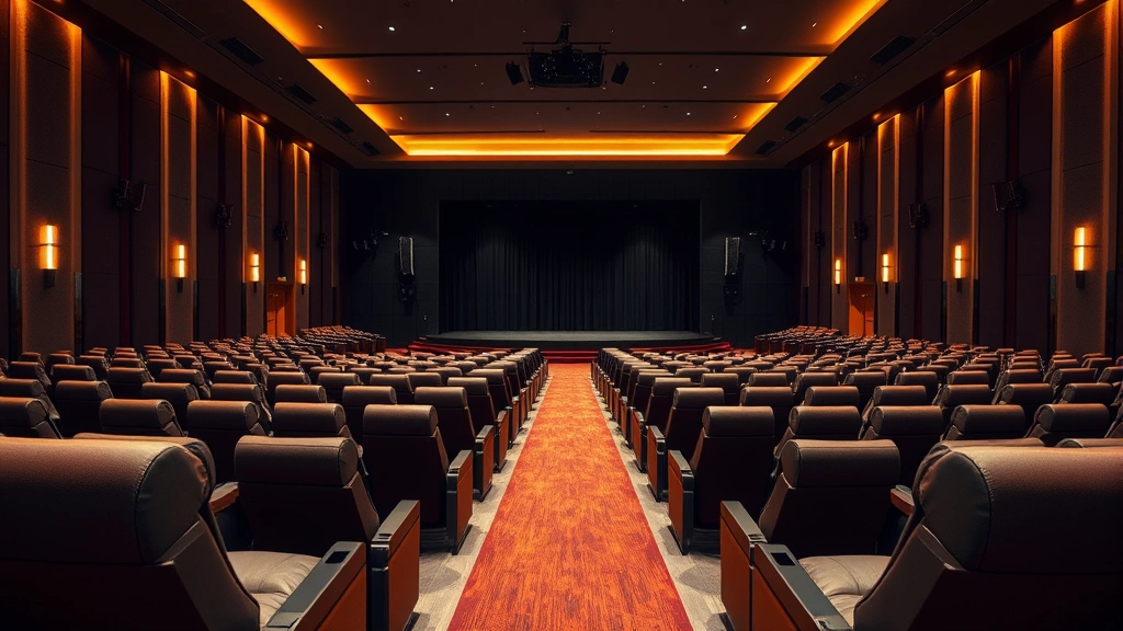 Modern cinema interior with comfortable reclining seats, warm ambient lighting, and contemporary architectural design, empty auditorium showing stage and screen