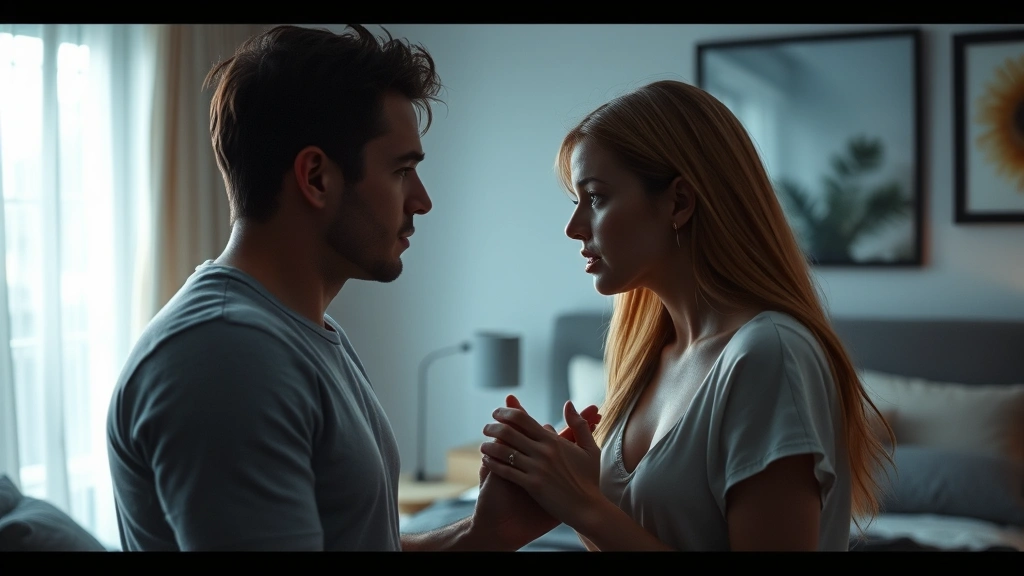 Intimate two-shot of a couple in conflict, emotional tension conveyed through body language and spatial distance, contemporary bedroom or living room setting, natural lighting that emphasizes psychological complexity, photorealistic cinematography style without dialogue bubbles or captions