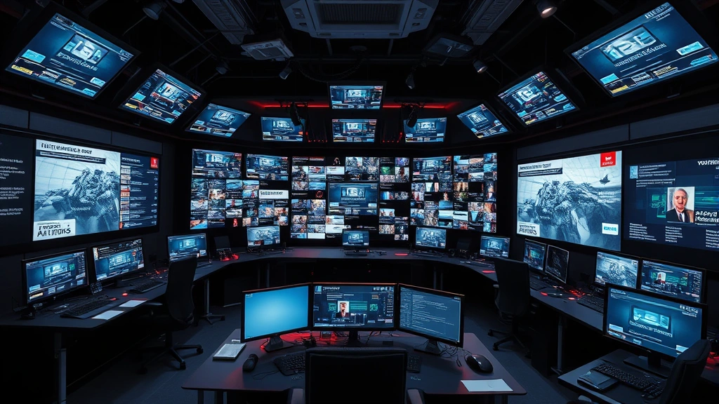 Newsroom or media control room aesthetic with multiple screens and information displays, abstract representation of narrative construction and media manipulation, cool professional lighting, digital media environment conveying information saturation and truth fragmentation, photorealistic without readable text on screens