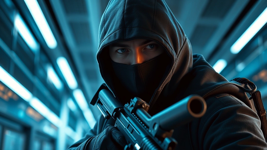 Professional assassin in sleek modern environment with tactical gear, focused expression, cinematic lighting with cool blue and silver tones, photorealistic digital rendering