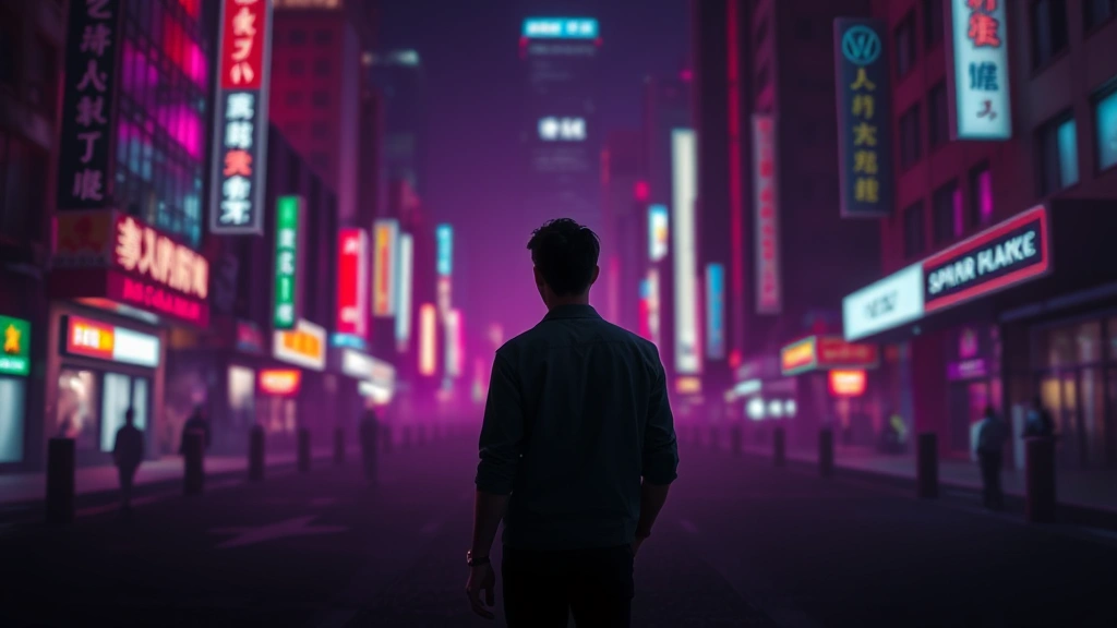 Lone protagonist standing against dramatic urban nightscape with neon-influenced color palette, contemplative pose suggesting moral complexity, cinematic depth of field with sharp focus on character