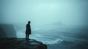 A solitary figure standing at a rain-soaked cliff edge overlooking turbulent ocean waters, wearing period noir clothing, atmospheric fog rolling in, isolated lighthouse in distance, cinematic color grading with cool tones, moody dramatic lighting, psychological tension conveyed through composition and environment, no text or visible people beyond silhouette