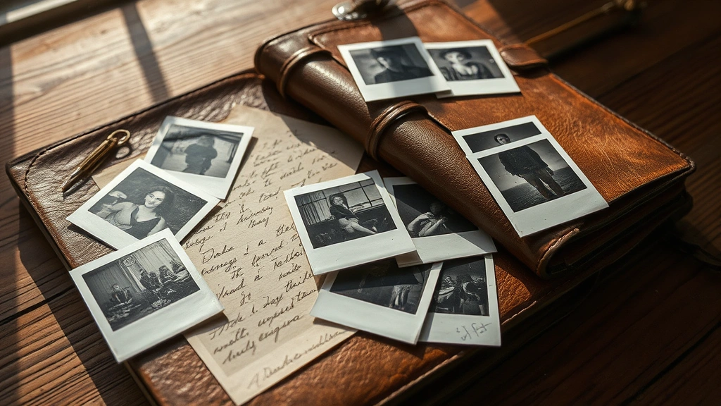 Close-up of a weathered vintage leather journal with scattered polaroid photographs and handwritten notes spread across wooden surface, faded photographs showing indistinct figures, soft natural window lighting creating shadows, tactile details emphasizing memory and obsession, noir aesthetic, no readable text or identifying information