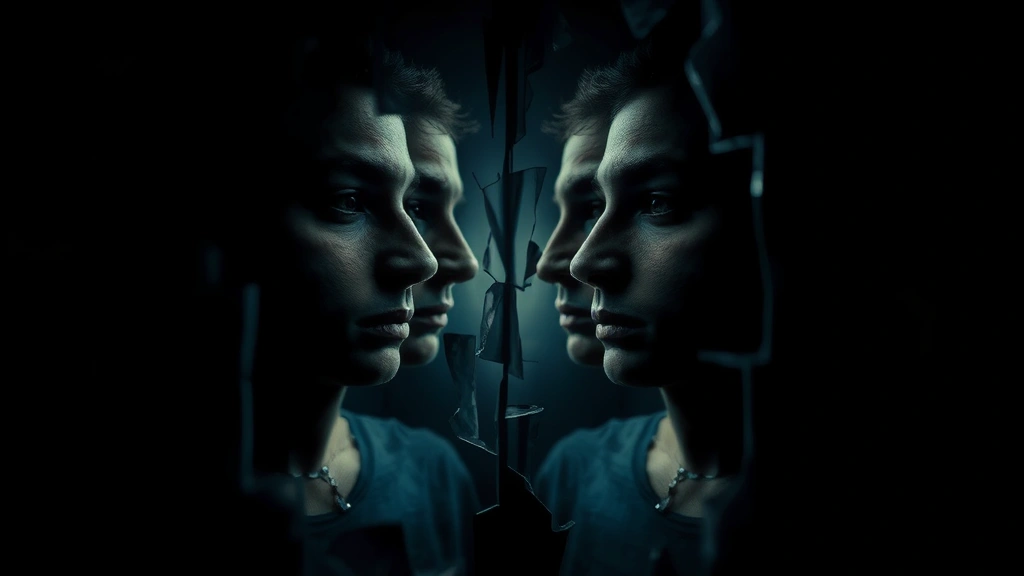 A fractured mirror reflecting multiple fragmented images of a person's face from different angles, surreal double exposure effect, dark atmospheric lighting, psychological dissolution concept, dreamlike quality with blurred and sharp elements, no text, representing identity fragmentation and unreliable perception