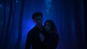 A young woman and man standing close together in moody atmospheric lighting with supernatural blue and purple tones, dark forest background with mist, cinematic romance aesthetic, no faces clearly visible, focusing on emotional connection and tension