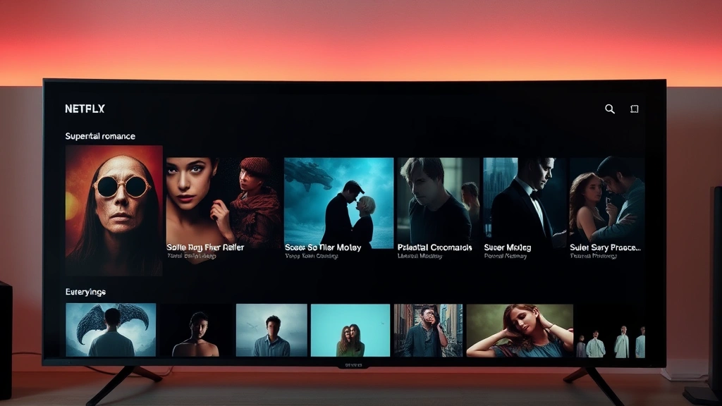 Split-screen showing streaming interface with multiple supernatural romance movie thumbnails and recommendation algorithms displayed, digital media consumption visualization, modern streaming service aesthetic, no readable text or interface elements