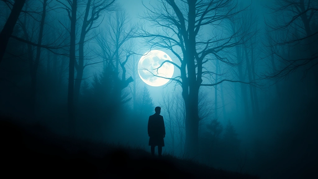 A solitary figure silhouetted against moonlight in an ethereal forest setting with supernatural elements suggested through lighting and atmosphere, conveying mystery and otherworldliness, romantic melancholy mood, cinematic quality