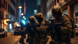 Military special operations team in tactical gear conducting nighttime urban operation, professional photography, realistic lighting, focused intensity