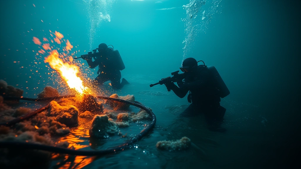 Navy SEAL operators in training environment performing underwater demolition exercises in ocean water, authentic military training atmosphere
