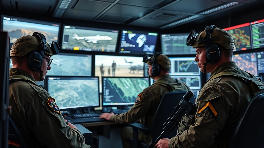 Elite military personnel in tactical operations center monitoring real-time mission data, professional military environment with authentic equipment