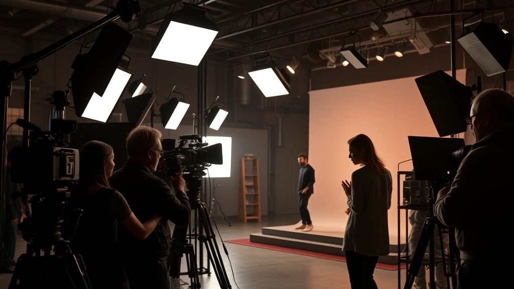 Film production set with professional lighting rigs, camera equipment, and actors in dramatic scene, intimate character moment, cinematic lighting setup, behind-the-scenes production atmosphere