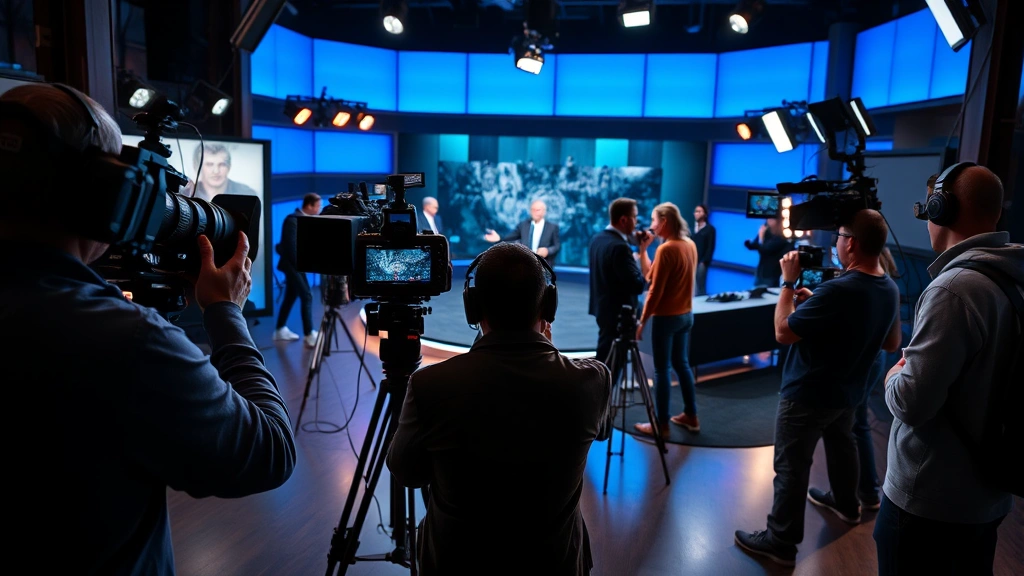 Modern television studio with broadcast equipment, dramatic scene being filmed with professional crew, multiple camera angles, professional lighting design, contemporary television production environment