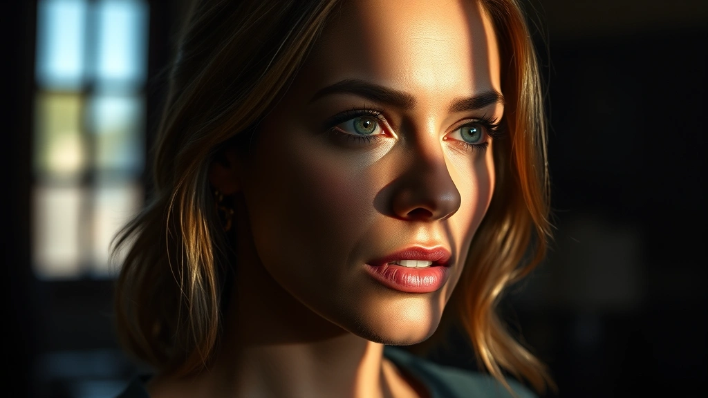 Professional actress in dramatic scene, intense emotional expression, moody cinematic lighting, close-up portrait style, contemporary film aesthetic, natural daylight through windows creating shadows on face
