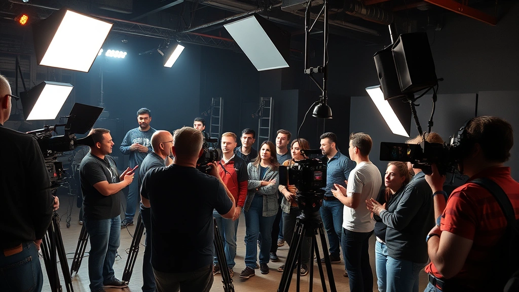 Film production set with multiple crew members, camera equipment and lighting rigs visible, collaborative creative environment, behind-the-scenes atmosphere, professional cinematography equipment, diverse team working together