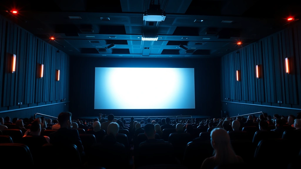 Movie theater interior with rows of seats and screen glowing in darkness, audience silhouettes, cinematic experience ambiance, warm theatrical lighting, intimate viewing environment, modern multiplex design
