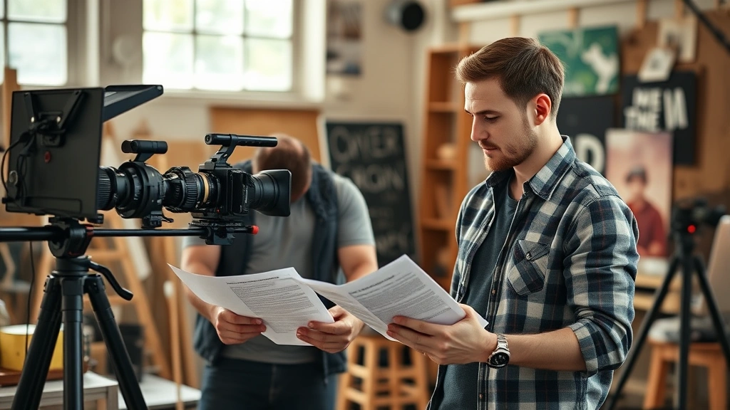 Film director and male actor in collaborative discussion on indie film set, natural lighting, creative atmosphere, both reviewing script pages, thoughtful expressions, artistic workspace