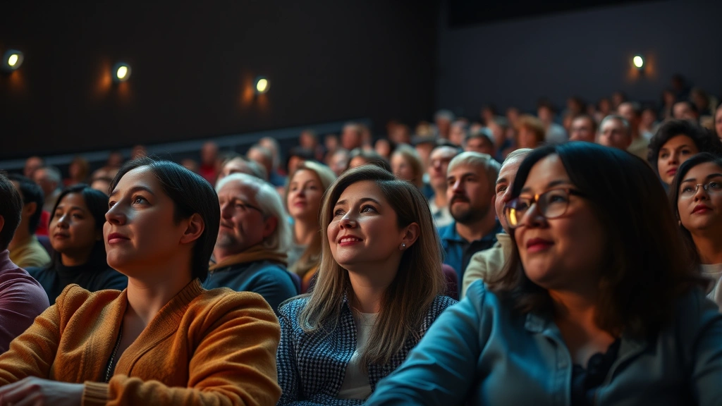Modern movie theater interior with diverse audience members watching film, warm lighting, emotional engagement visible, contemporary cinema environment, people in various seating positions