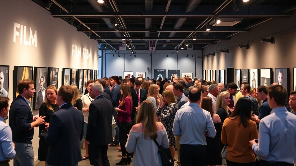 Film festival venue with industry professionals networking, contemporary gallery-style setting, sophisticated atmosphere, multiple conversations happening, creative community gathering space