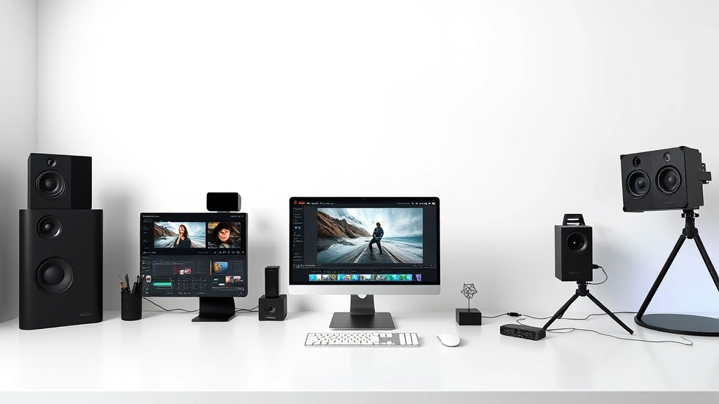Split composition showing digital film editing interface elements and creative workspace, modern design aesthetic, professional color grading environment, artistic media production setup, contemporary cinema technology, clean minimal surfaces