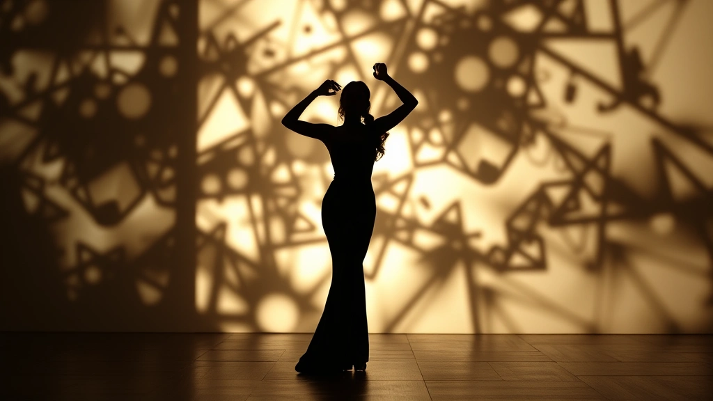 Elegant figure silhouetted against abstract projected light patterns, artistic cinematic lighting, contemporary gallery or creative space, modern performance art aesthetic, sophisticated visual composition, professional photography quality