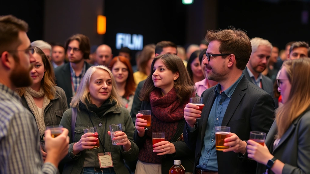 Diverse audience members engaged in conversation at a film festival event, holding beverages and discussing cinema, capturing community gathering and social cinema experience