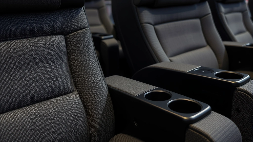 Close-up of premium theater seating showing motorized recliner mechanism, luxury upholstery texture, lumbar support system, cup holders, sophisticated gray and black color scheme