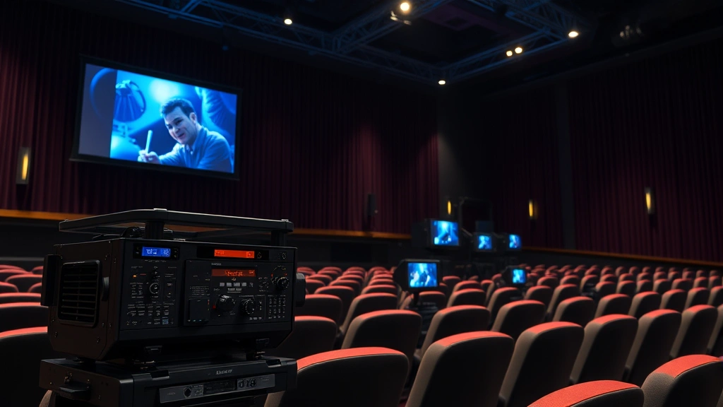 Professional film projection equipment and advanced audio system technology in theater setting, showcasing premium cinema presentation capabilities and technical excellence