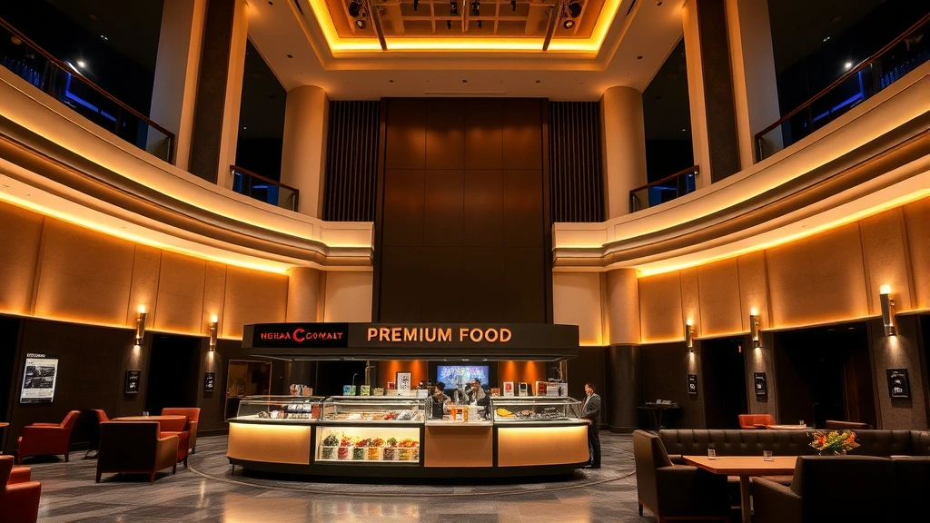 Theater lobby with elegant modern design, concession counter displaying premium food options, ambient lighting, comfortable seating areas, sophisticated architectural elements, upscale hospitality aesthetic