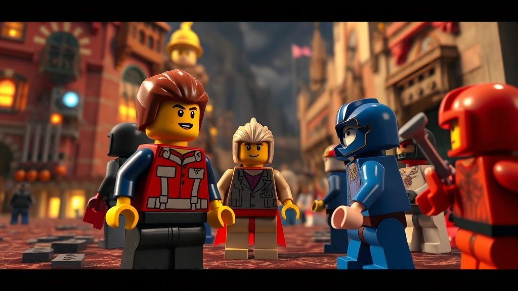 Wide cinematic shot of animated LEGO characters in an action-packed scene with elaborate constructed environments, detailed brick textures, dramatic lighting and shadows, expansive world-building visible in background, photorealistic digital animation style, no visible text or UI elements