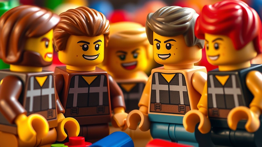 Close-up of LEGO minifigure characters displaying emotional expressions and interaction, warm studio lighting highlighting plastic texture details, colorful brick elements surrounding figures, friendly and engaging composition, photorealistic animation quality, zero text or screen elements