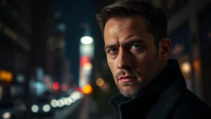 Professional male actor in dramatic lighting, intense focused expression, film noir aesthetic, New York cityscape blurred background, cinematic portrait photography, moody atmosphere