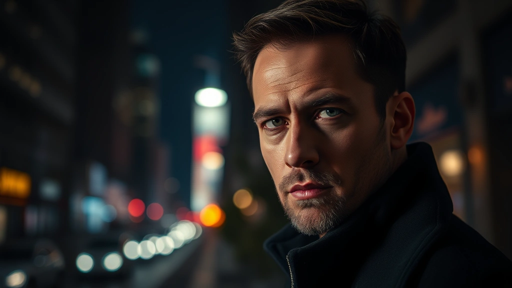 Professional male actor in dramatic lighting, intense focused expression, film noir aesthetic, New York cityscape blurred background, cinematic portrait photography, moody atmosphere