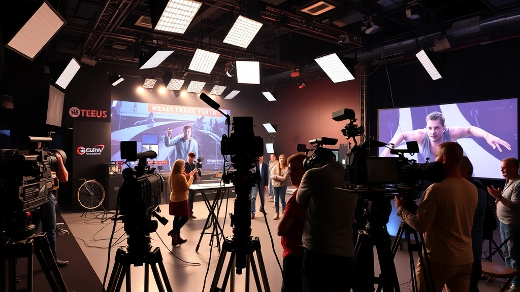 Television production set with multiple cameras, professional lighting rigs, crew members working, dramatic scene setup, behind-the-scenes authentic environment, broadcast quality equipment