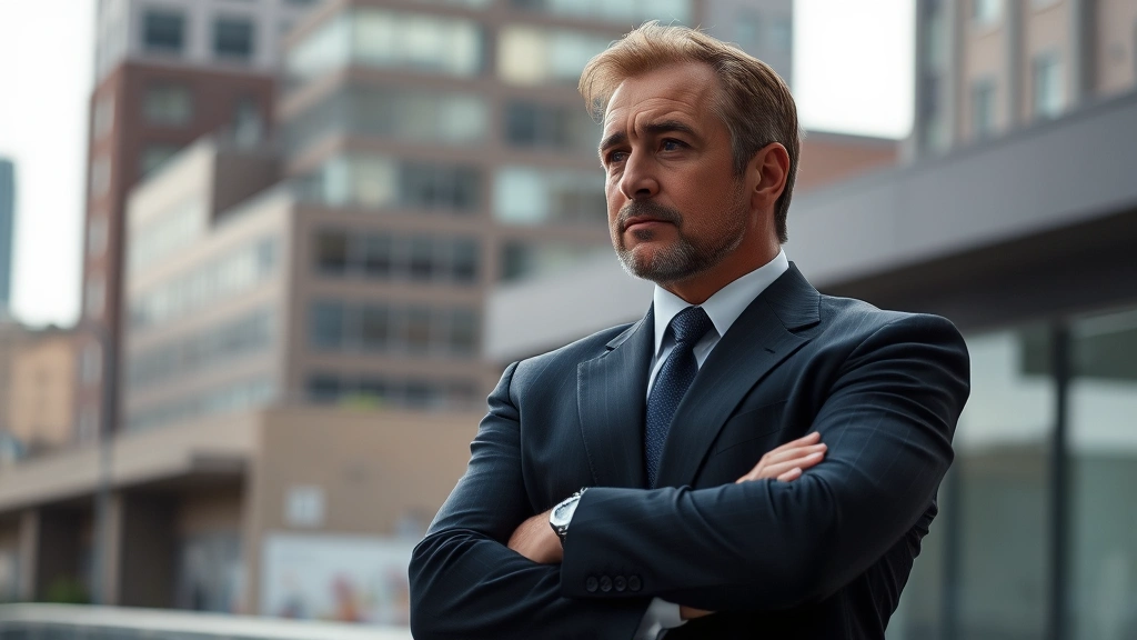 Character actor in formal suit, contemplative pose against urban backdrop, natural dramatic lighting, professional headshot style, authentic performance moment captured