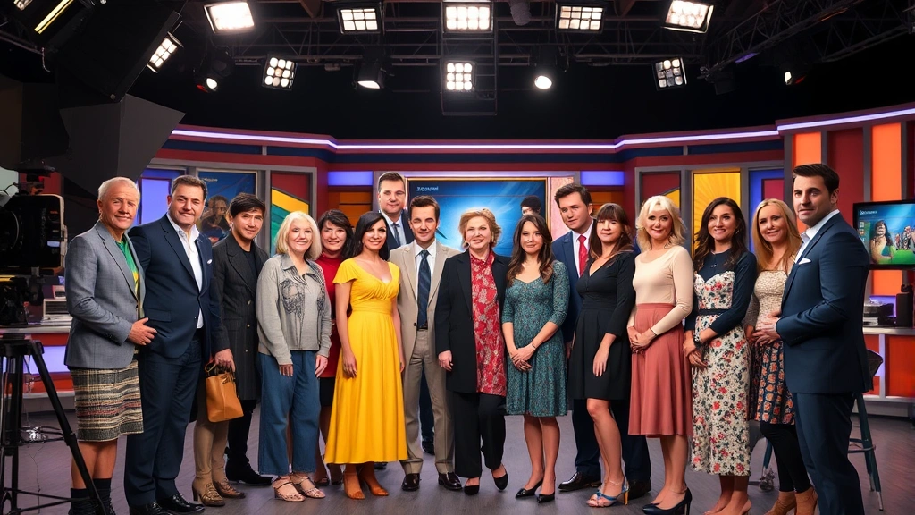 Diverse cast ensemble on a television set during production, actors in character costumes standing together, professional stage lighting creating dramatic shadows, vibrant set design in background