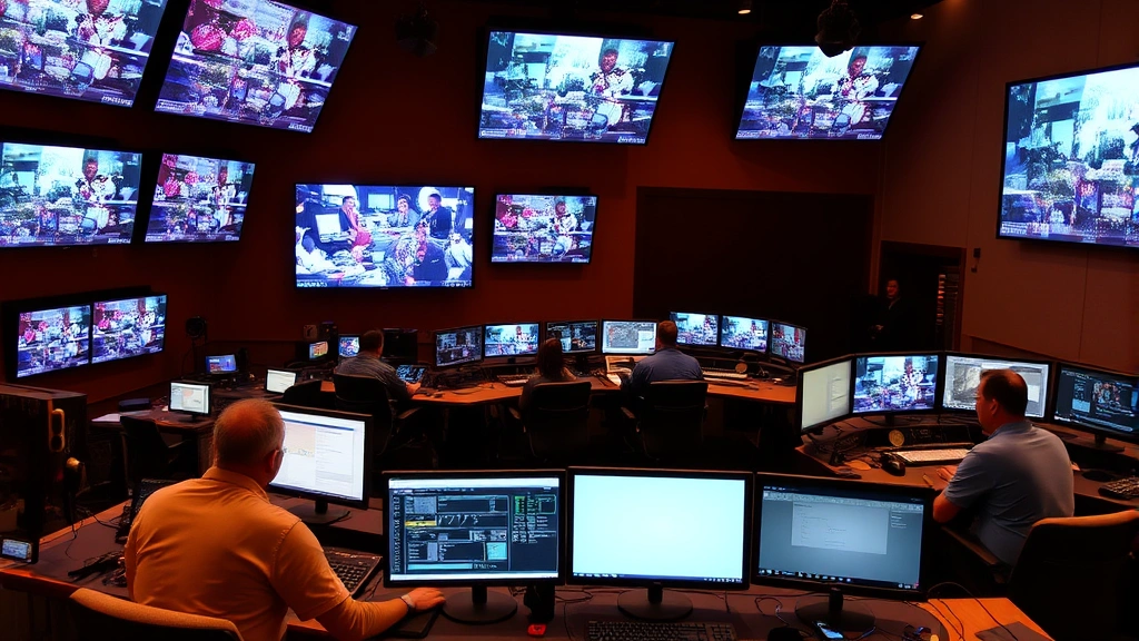 Television control room with multiple monitors displaying broadcast feeds, production team working at technical stations, warm amber lighting on equipment, focus on collaborative production environment