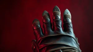 Close-up of a worn leather glove with metal blades extending from fingertips, photographed against a textured red and black gradient background, cinematic studio lighting, photorealistic detail showing material texture and metallic sheen