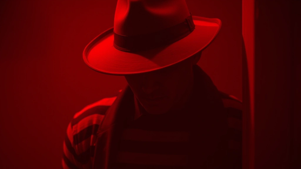 Atmospheric photograph of a shadowy figure in a burnt fedora and striped sweater emerging from deep red darkness, partial face visible with scarred texture, moody nightmare-like lighting with grain effect, photorealistic but dreamlike quality