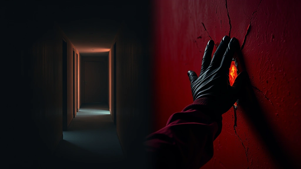 Split-screen composition showing dark hallway with textured walls on left side, gloved hand breaking through wall surface on right, deep red and black color palette, cinematic horror aesthetic, photorealistic architectural detail with supernatural element