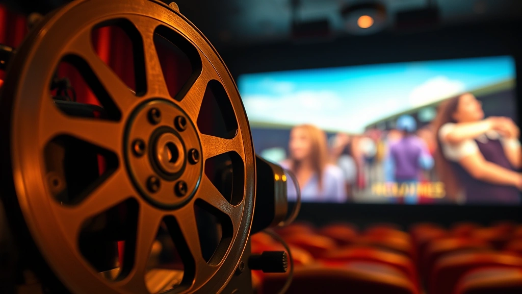 Close-up of vintage film projector displaying colorful nostalgic movie scenes on theater screen with warm golden lighting, shallow depth of field emphasizing mechanical details