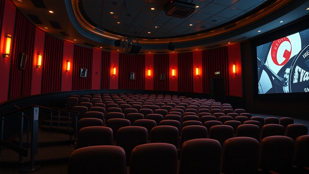 Nostalgic cinema experience with warm lighting and vintage film reels displayed in modern theater setting, capturing the blend of classic and contemporary viewing environments