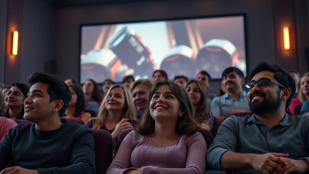 Diverse audience members in modern cinema enjoying nostalgic film screening with warm theatrical ambiance and multigenerational viewing experience
