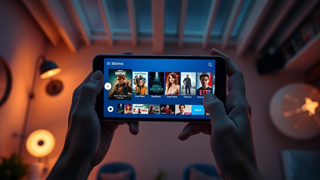 Overhead view of person holding smartphone displaying streaming interface with colorful movie thumbnails and play buttons, modern minimalist room lighting, warm ambient glow